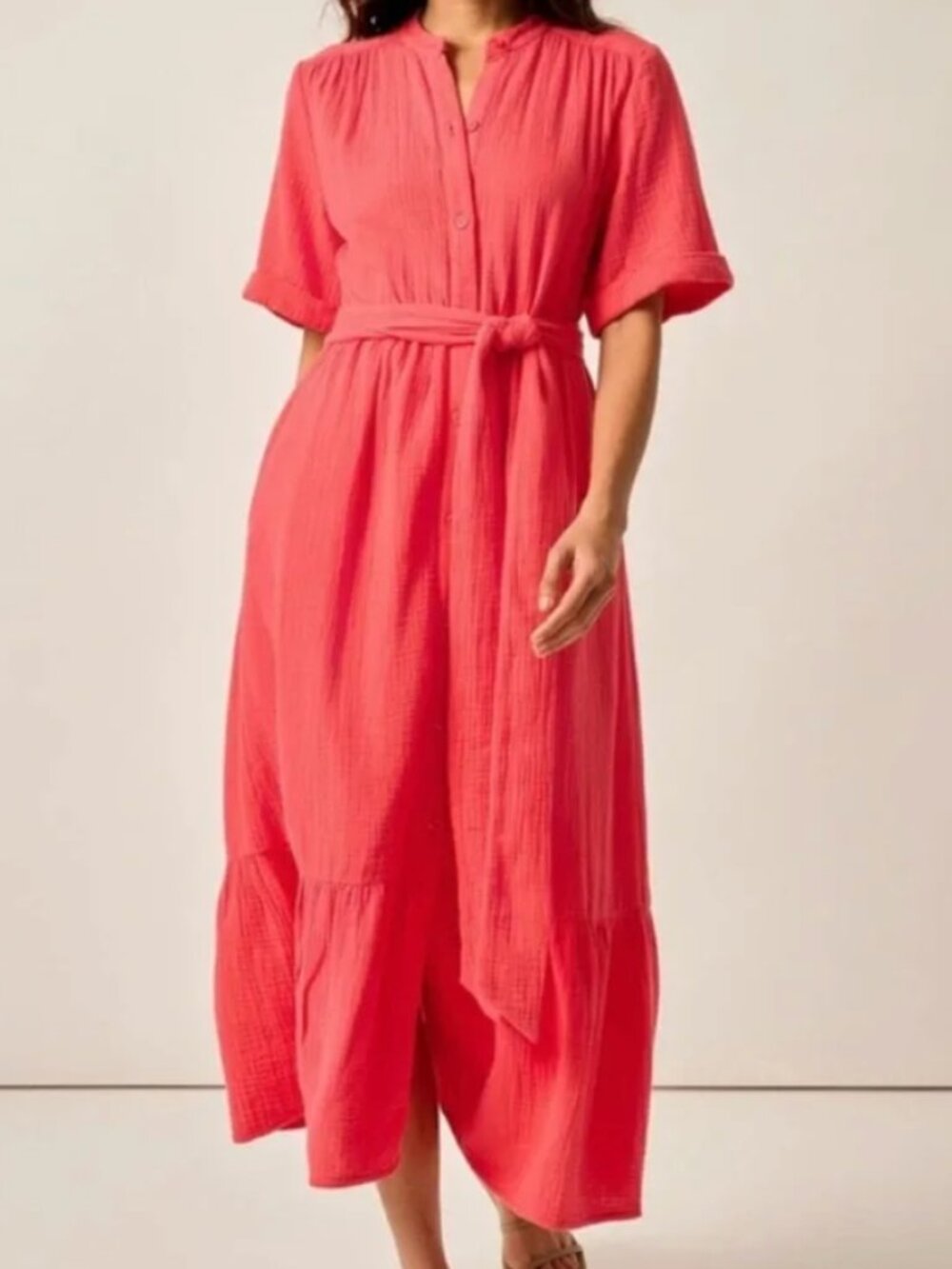 Johnnie-O Julie Button-Front Maxi Shirt Dress with Waist Tie, Size L